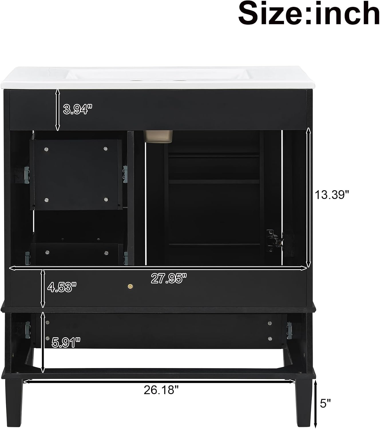 Harper & Bright Designs 30' Bathroom Vanity with Sink, Free Standing Single Basin Vanity Set with One Door, 2 Drawers and Divided Drawers, Wood Bathroom Cabinet with Ceramic Basin for Bathroom, Black