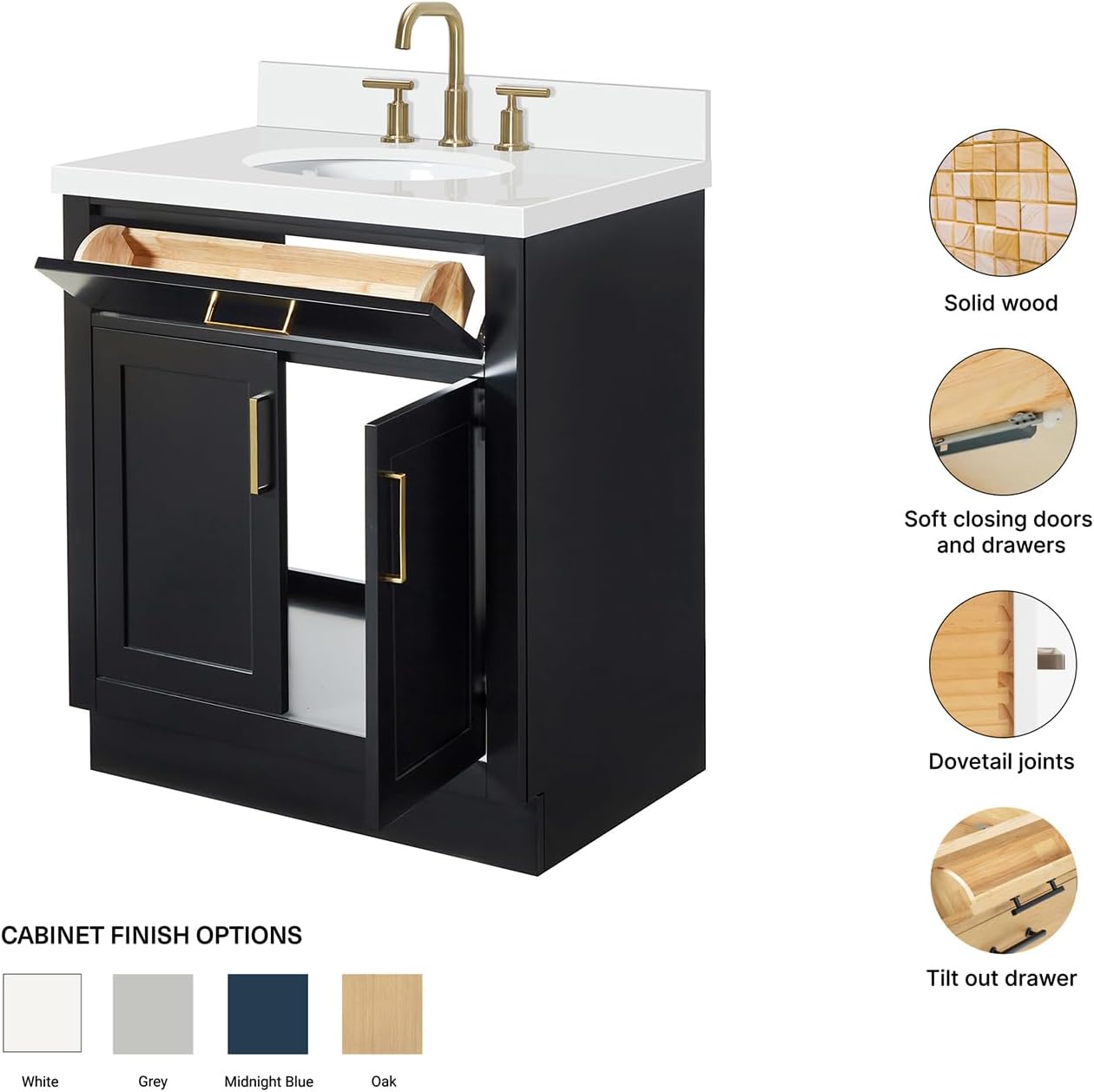 ARIEL Hepburn 30-inch Bathroom Vanity with Sink,Solid Wood, 1.5-inch Pure White Quartz Countertop & Backsplash, Single Oval Porcelain Sink, 2 Soft Closing Doors, 1 Dovetail Drawers, Black