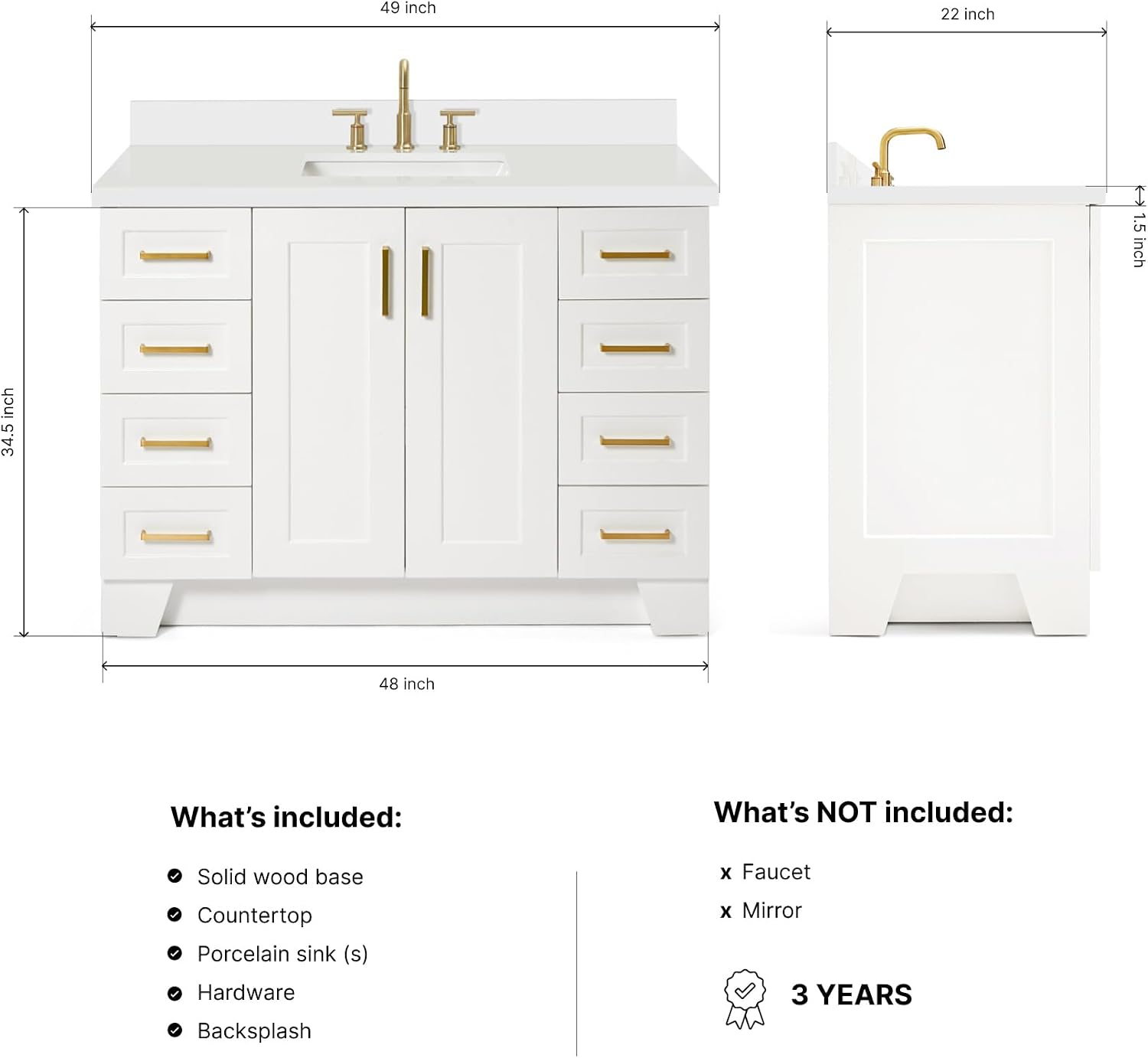 ARIEL Taylor 48-inch Bathroom Vanity with Sink,Solid Wood, 1.5-inch Pure White Quartz Countertop & Backsplash, Single Rectangular Porcelain Sink, 2 Soft Closing Doors, 9 Dovetail Drawers, White