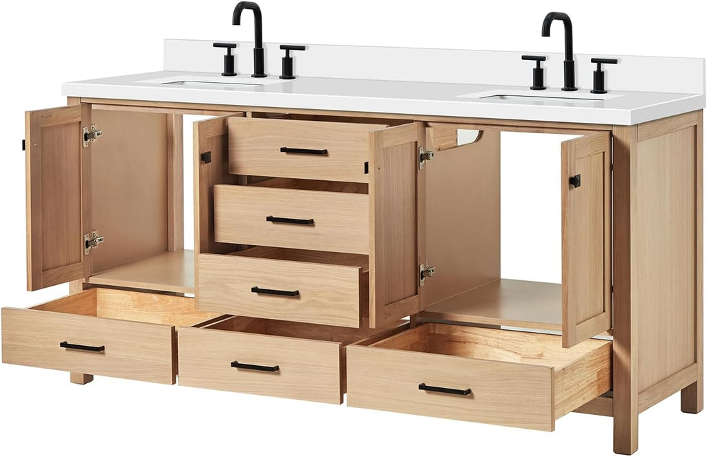 DKB Beckford 72-Inch Oak Double Bathroom Vanity, 1.5-Inch Pure White Quartz Countertop & 4-Inch Backsplash, Rectangle Sinks, 4 Soft Closing Doors, 6 Dovetail Drawers, Matte Black Hardware