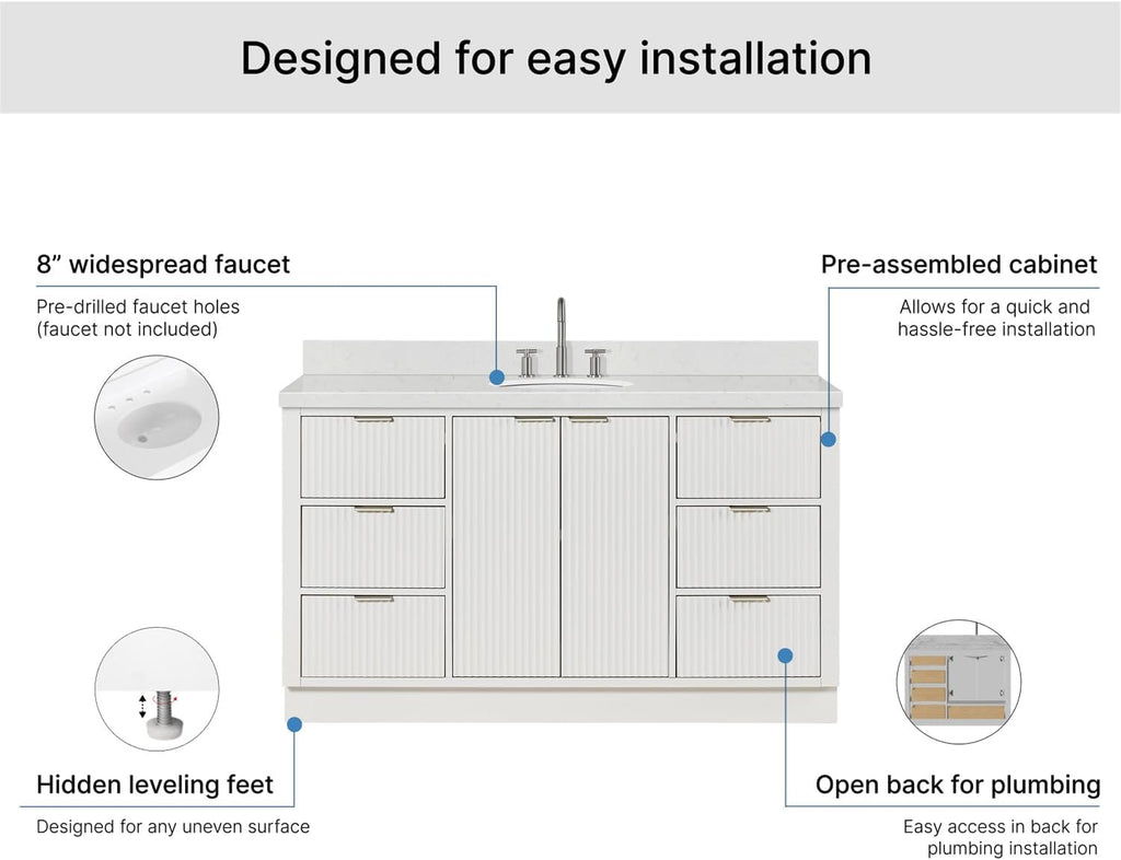 ARIEL Milan 60-inch Bathroom Vanity with Sink,Solid Wood, 1.5-inch Carrara White Quartz Countertop & Backsplash, Single Oval Porcelain Sink, 2 Soft Closing Doors, 6 Dovetail Drawers, Warm White
