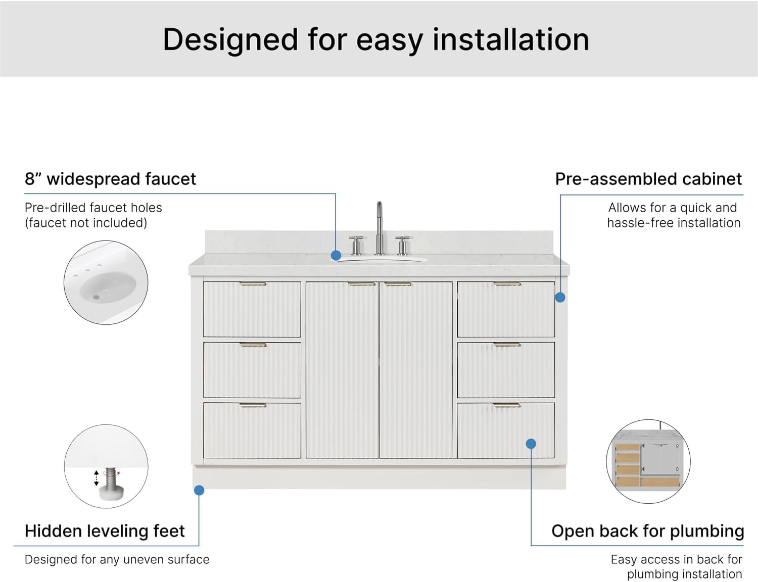 ARIEL Milan 60-inch Bathroom Vanity with Sink,Solid Wood, 1.5-inch Carrara White Quartz Countertop & Backsplash, Single Oval Porcelain Sink, 2 Soft Closing Doors, 6 Dovetail Drawers, Warm White