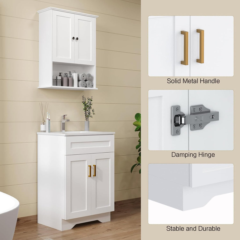 24 Inch Bathroom Vanity with Sink, Modern Bathroom Vanity with Ceramic Basin and Countertop, Narrow Design for Small Bathroom, White