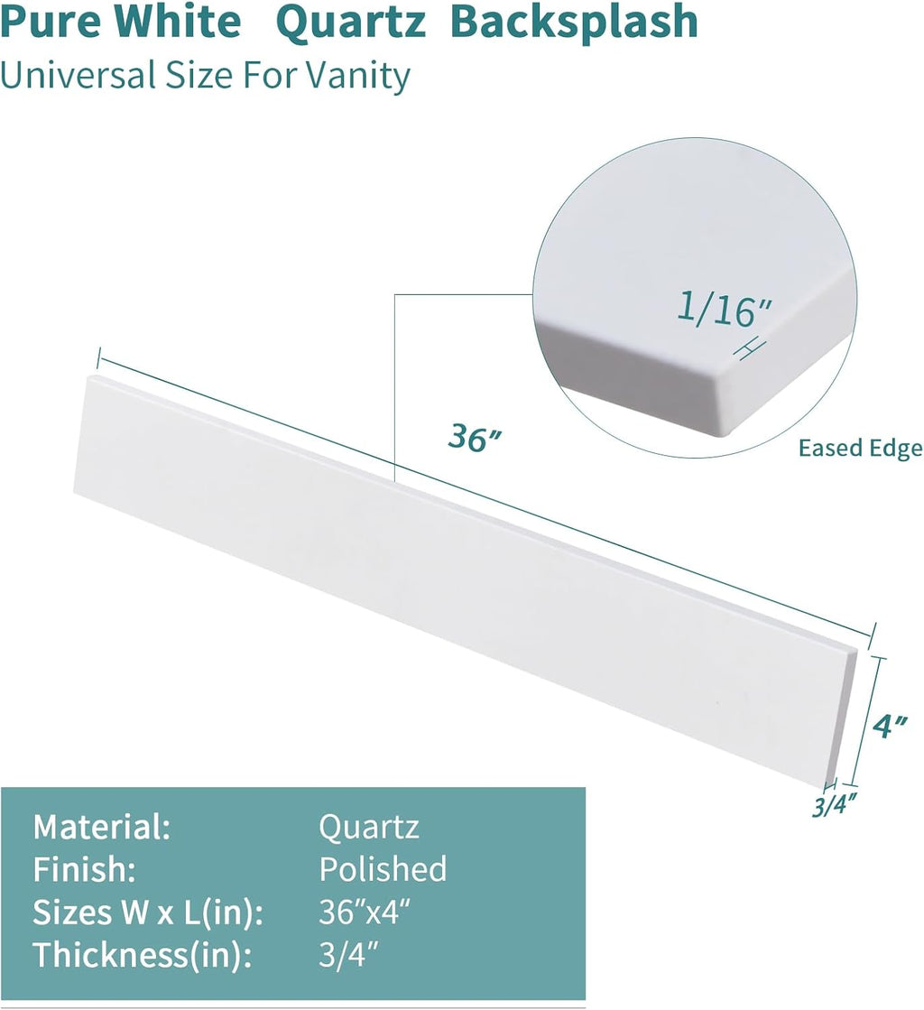36 Inch Backsplash in Pure White, Quartz Backsplash for Bathroom Vanity Sink Top, 36 in. W x 4 in. H Universal Bathroom Vanity Backsplashes