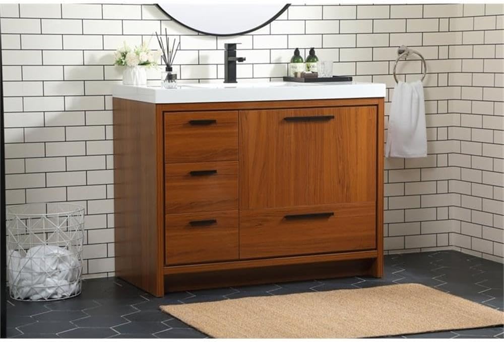 Pemberly Row 42' Aluminum Alloy and MDF Bathroom Vanity, Teak Finish, White Resin Countertop with Integrated Sink, Soft-Close Doors and Drawer, Modern Space-Saving Design for Bathrooms or Powder Rooms