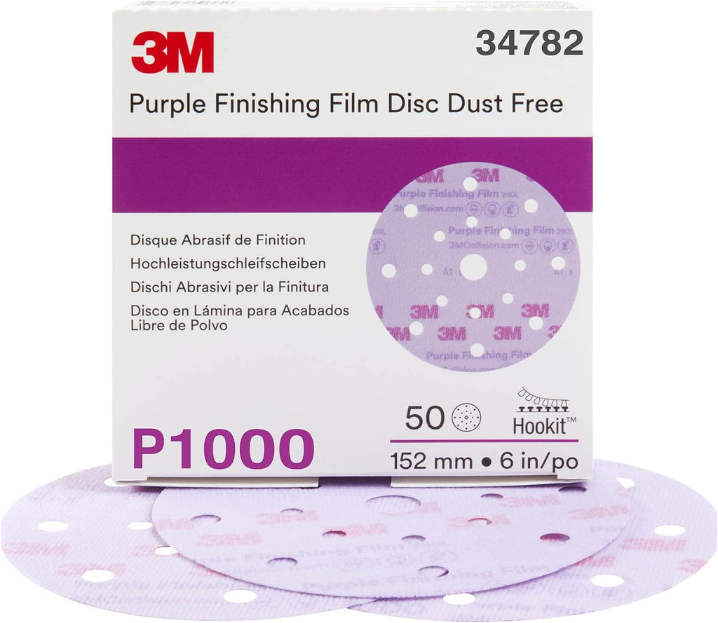 3M Hookit Purple Finishing Film Abrasive Disc 34782, 6 in, 1000+ Grade, 50 Pack, Clear Coat Sanding, Paint Finishing, Defect Removal, Long Lasting