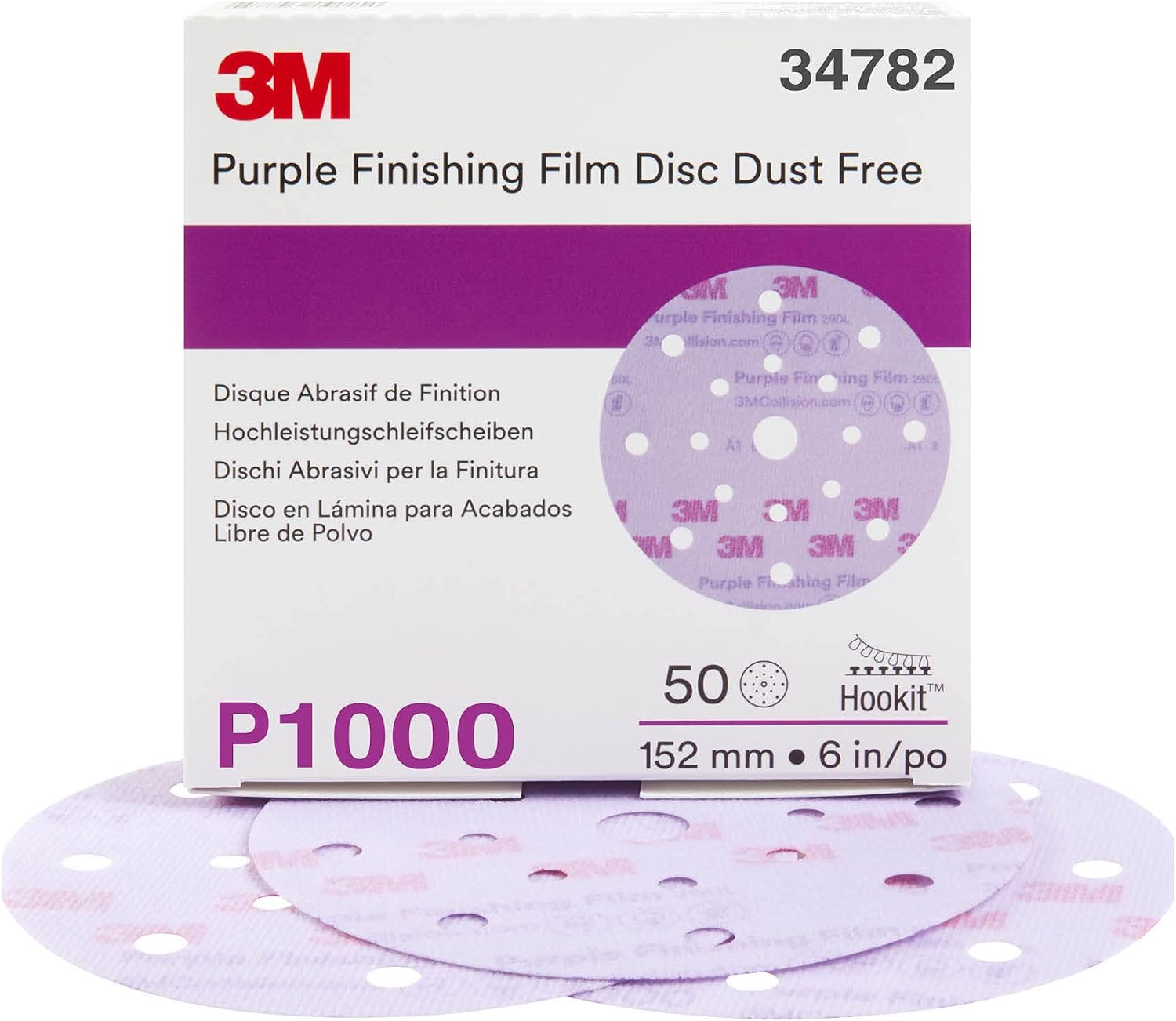 3M Hookit Purple Finishing Film Abrasive Disc 34782, 6 in, 1000+ Grade, 50 Pack, Clear Coat Sanding, Paint Finishing, Defect Removal, Long Lasting