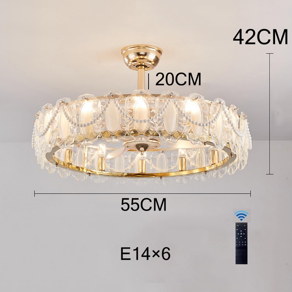 21' Modern Chandelier LED High Ceiling Light Fan with Remote Pearl Vintage Glass Fan Light Reversible Fan Large Ceiling Fan with Light for Girls Bedroom Living Room Dining Room