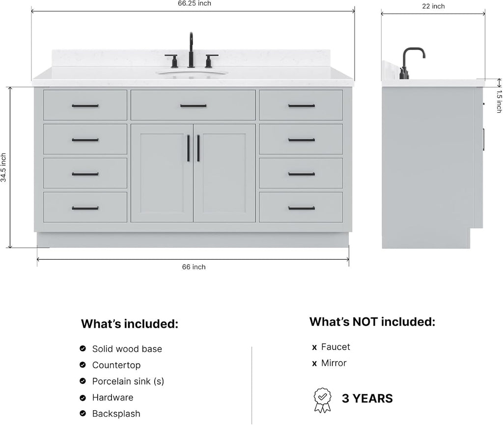 ARIEL Hepburn 66-inch Bathroom Vanity with Sink,Solid Wood, 1.5-inch Carrara White Quartz Countertop & Backsplash, Single Oval Porcelain Sink, 2 Soft Closing Doors, 9 Dovetail Drawers, Grey