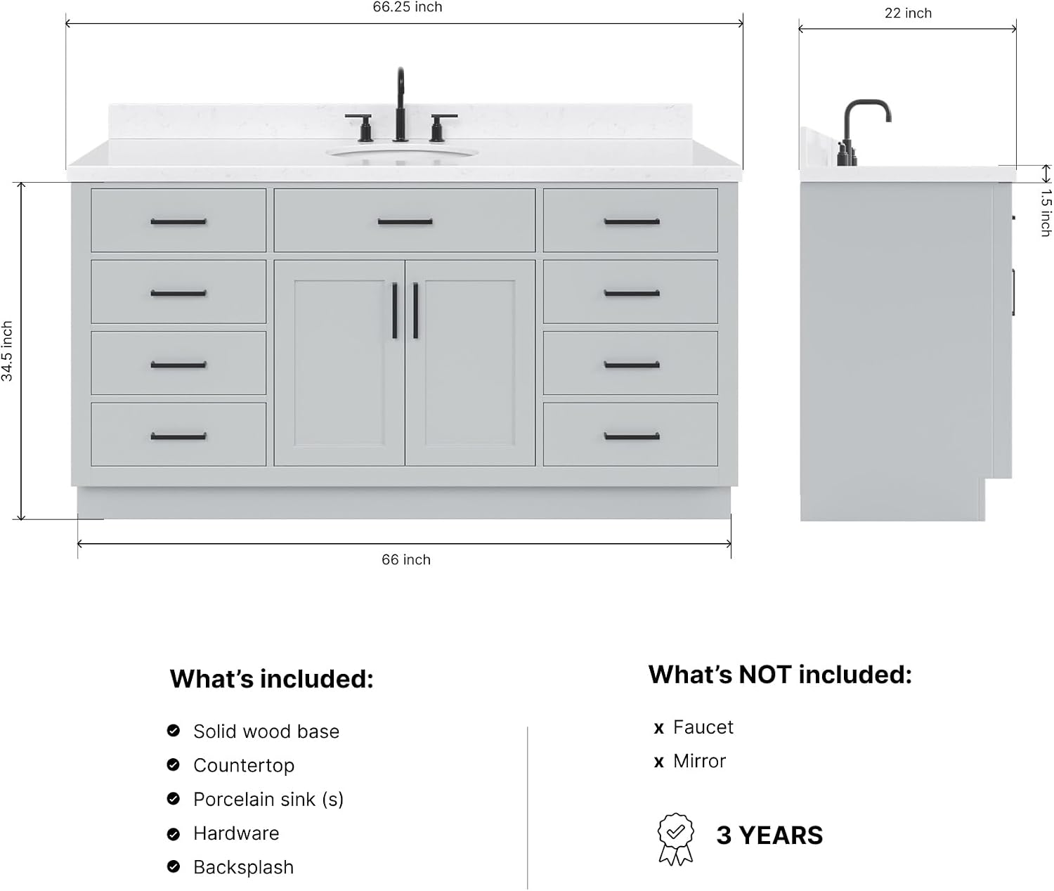 ARIEL Hepburn 66-inch Bathroom Vanity with Sink,Solid Wood, 1.5-inch Carrara White Quartz Countertop & Backsplash, Single Oval Porcelain Sink, 2 Soft Closing Doors, 9 Dovetail Drawers, Grey