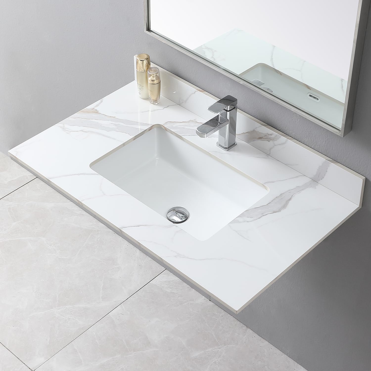 Leavader Sintered Stone Vanity Sink Top - 31 x 22 Inch Three Holes Vanity Top with Undermount Ceramic Sink & Backsplash, Marble Bathroom Countertops Vanity Top with Sink, Carrara Gold