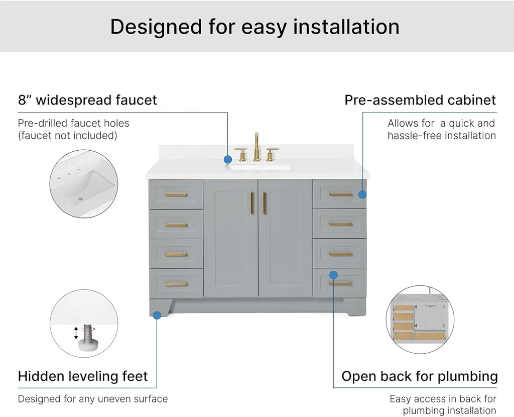 ARIEL Taylor 54-inch Bathroom Vanity with Sink,Solid Wood, 1.5-inch Pure White Quartz Countertop & Backsplash, Single Rectangular Porcelain Sink, 2 Soft Closing Doors, 9 Dovetail Drawers, Grey