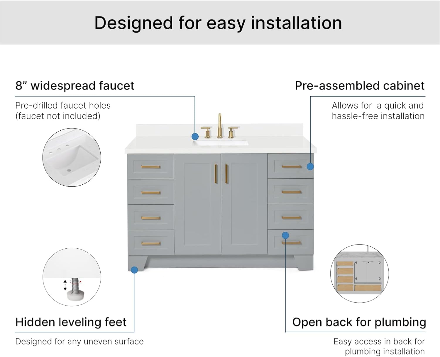 ARIEL Taylor 54-inch Bathroom Vanity with Sink,Solid Wood, 1.5-inch Pure White Quartz Countertop & Backsplash, Single Rectangular Porcelain Sink, 2 Soft Closing Doors, 9 Dovetail Drawers, Grey