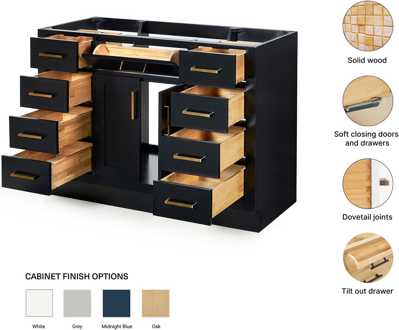 ARIEL Hepburn 48-inch Bathroom Vanity Base Cabinet,Solid Wood, 2 Soft Closing Doors, 9 Dovetail Drawers, Black