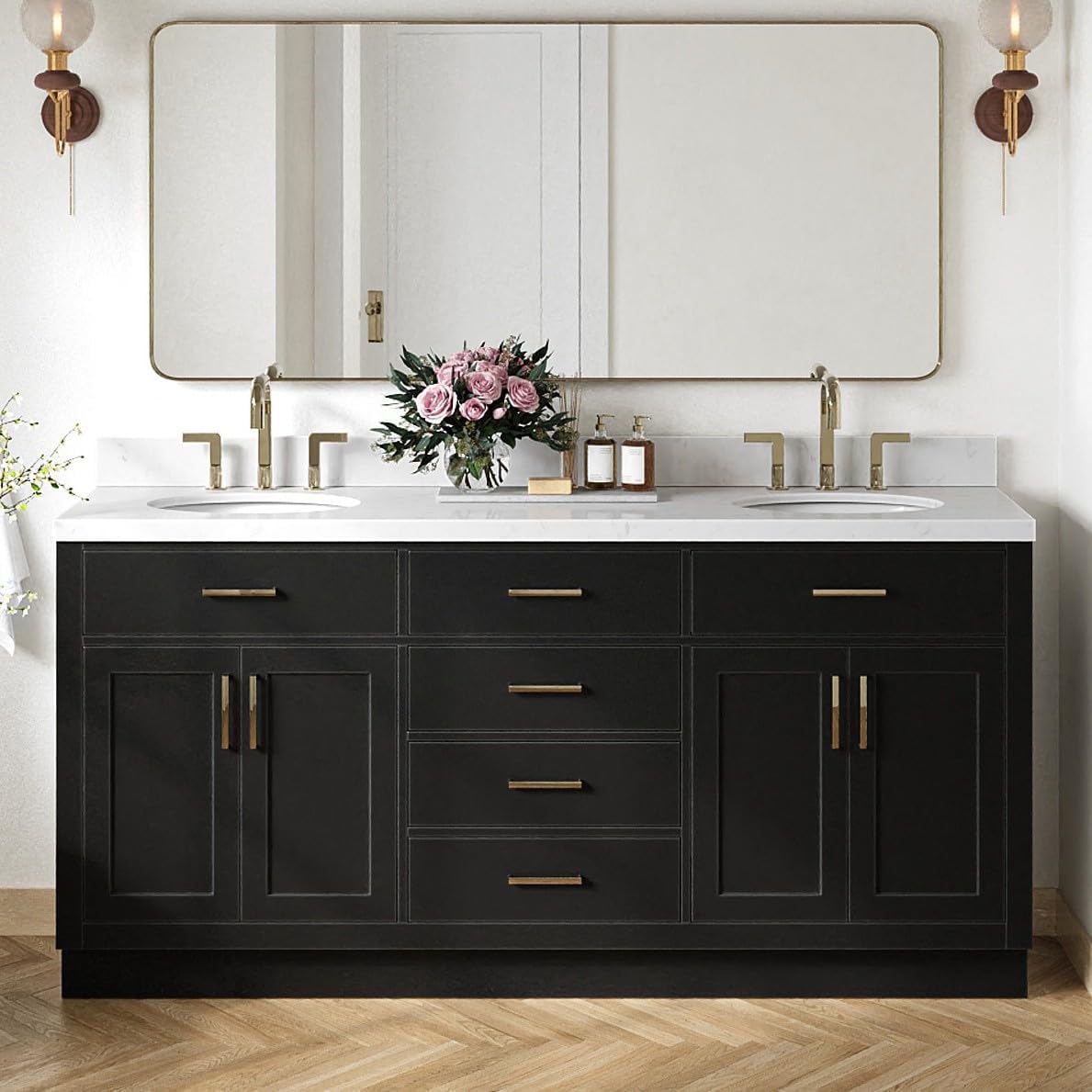 ARIEL Hepburn 72-inch Bathroom Vanity with Sink,Solid Wood, 1.5-inch Carrara White Quartz Countertop & Backsplash, Double Oval Porcelain Sink, 4 Soft Closing Doors, 6 Dovetail Drawers, Black