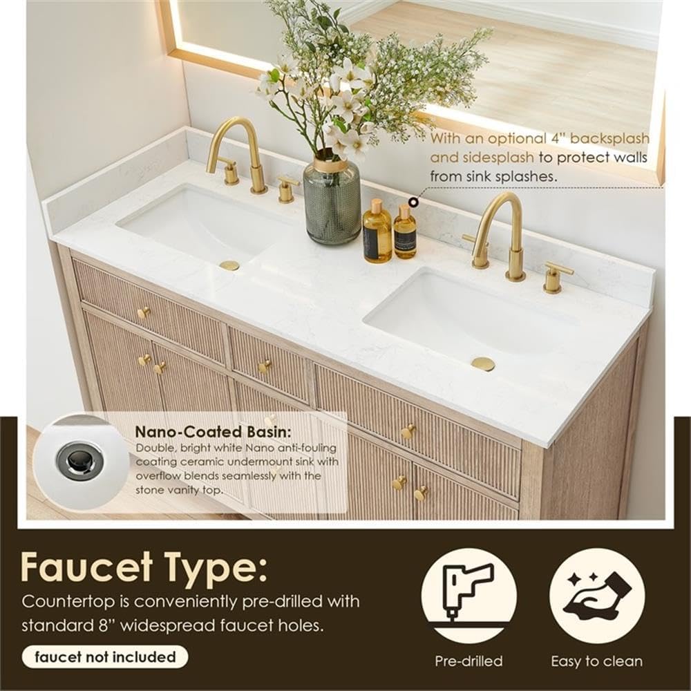 Pemberly Row 60' Wood Bathroom Vanity, Natural Oak Finish, Grain White Engineered Stone Top, No Mirror, 4 Fluted Doors, 5 Drawers, Contemporary Style, Undermount Sink, Ideal for Bathroom Storage