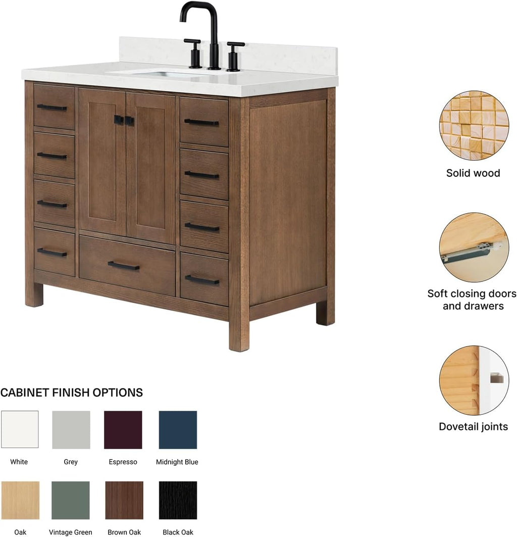 ARIEL Cambridge 42-inch Bathroom Vanity with Sink,Solid Wood, 1.5-inch Carrara White Quartz Countertop, Single Rectangular Porcelain Sink, 2 Soft Closing Doors, 9 Dovetail Drawers, Brown Oak