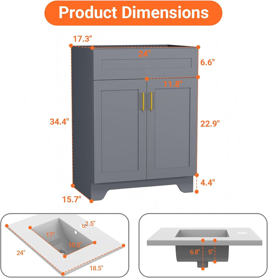 24 Inch Bathroom Vanity with Ceramic Basin and Countertop, Modern Bathroom Vanity with Sink, Narrow Design for Small Bathroom (Grey)