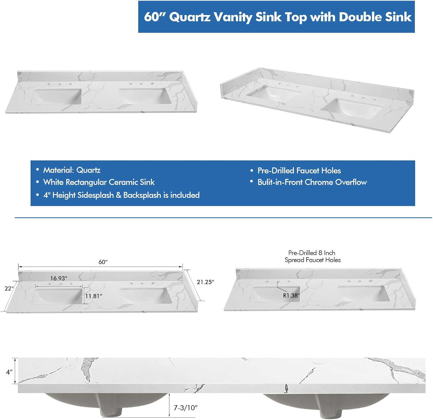60 in.W x 22 in.D Quartz Calacatta River Vanity Top,with Undermount Double Sink Vanity Top,with Two Sidesplash & One Backsplash,8 Inch Faucet Hole Spread Bathroom Vanity Sink Countertop