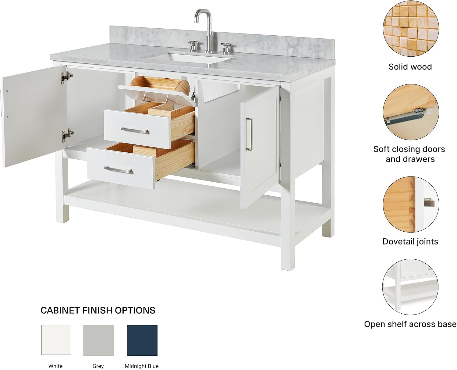 ARIEL Bayhill 48-inch Bathroom Vanity with Sink,Solid Wood, 0.75-inch Italian Carrara Marble Countertop, Single Rectangular Porcelain Sink, 2 Soft Closing Doors, 2 Dovetail Drawers, White