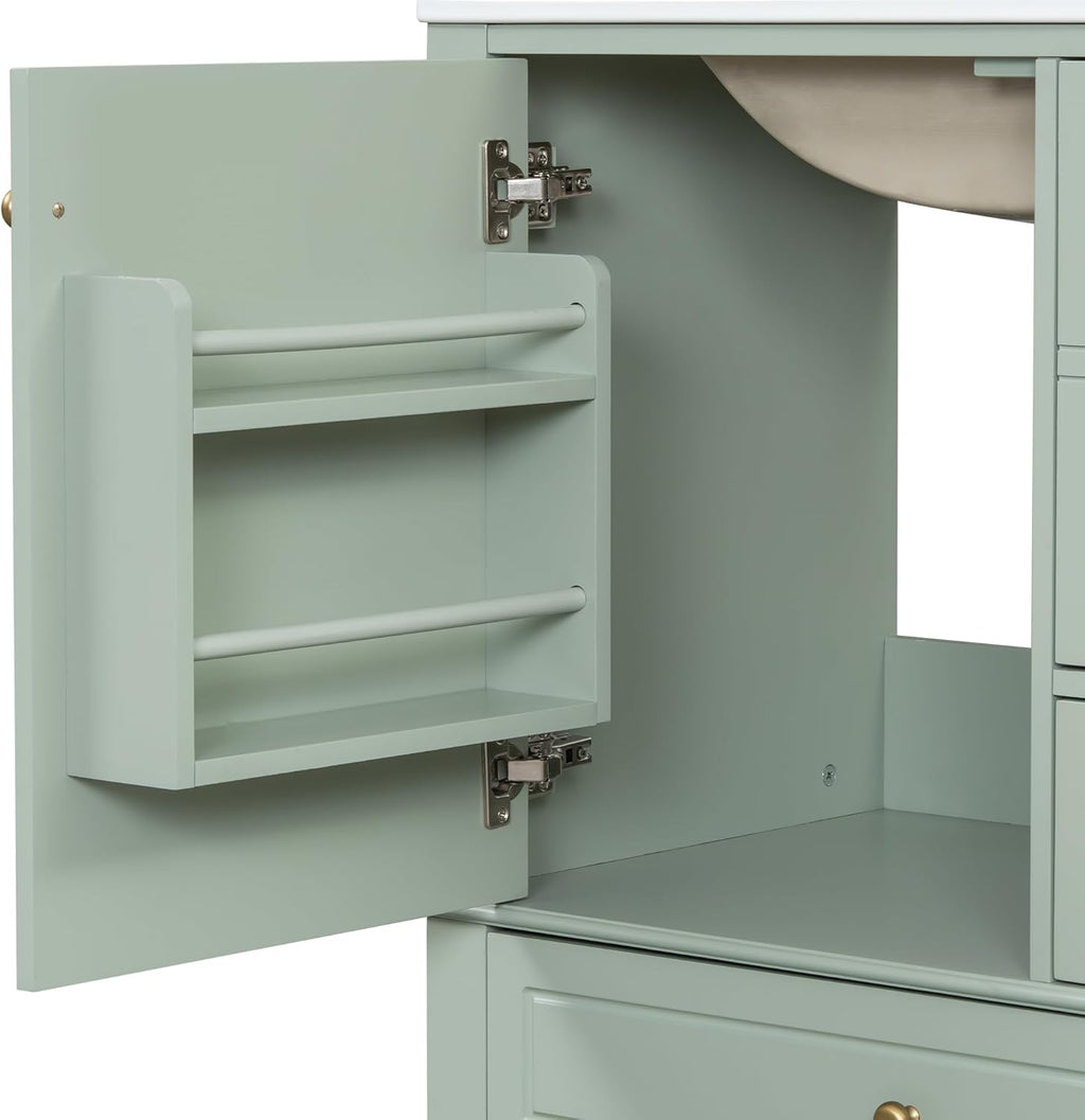Christopher Knight Home 30' Bathroom Vanity with Top, Ceramic Sink, 3 Drawers and 1 Soft Closing Door with Shelf, Solid Wood Legs, Green