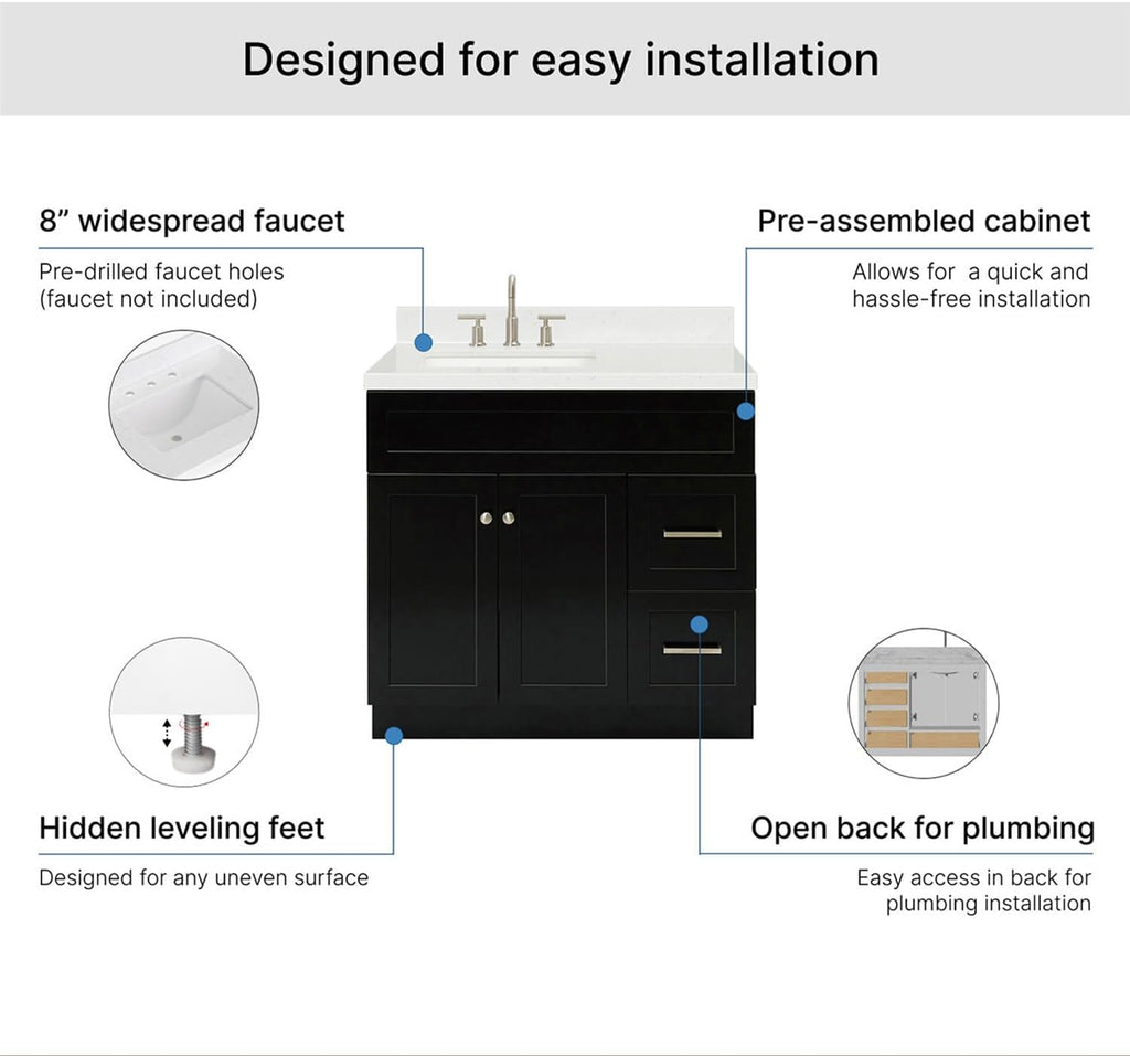 ARIEL Hamlet 36-inch Bathroom Vanity with Sink,Solid Wood, 1.5-inch Carrara White Quartz Countertop & Backsplash, Single Rectangular Porcelain Sink, 2 Soft Closing Doors, 2 Dovetail Drawers, Black
