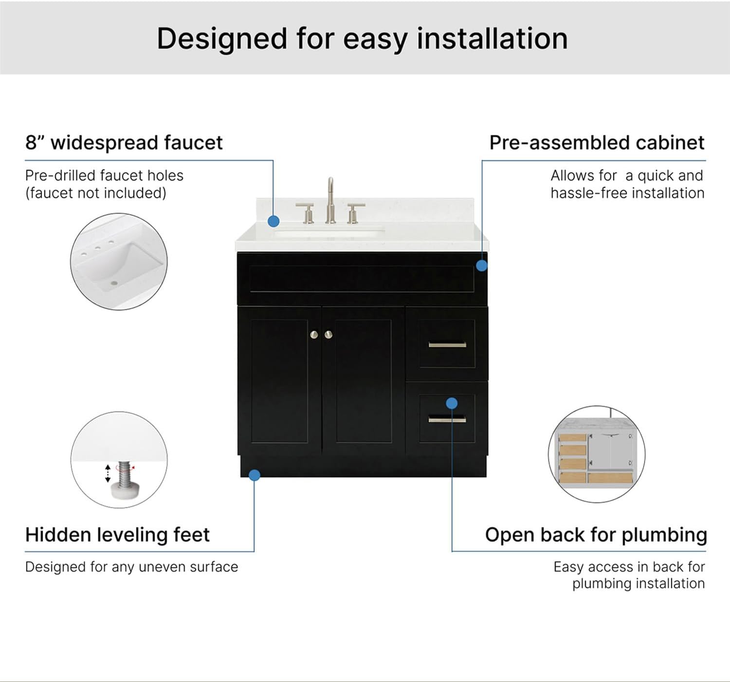 ARIEL Hamlet 36-inch Bathroom Vanity with Sink,Solid Wood, 1.5-inch Carrara White Quartz Countertop & Backsplash, Single Rectangular Porcelain Sink, 2 Soft Closing Doors, 2 Dovetail Drawers, Black