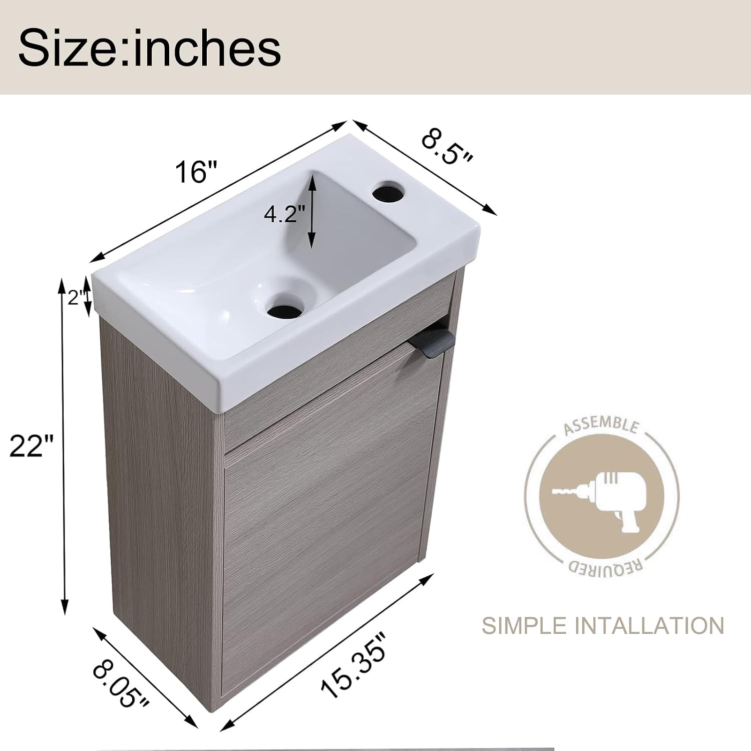 16 Inch Bathroom Vanity with Sink Combo, Wall Mounted Cabinet Set with 1 Door and White Ceramic Basin Sink Top, Forest Oak Floating Bathroom Vanity for Small Space