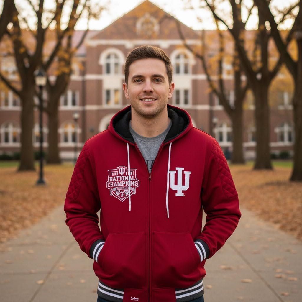 Franchise Club Mens Indiana Hoosiers 2025 Champs Grind Hoodie Jacket | All Red CFP Champions Jacket with Full Zip Front and Licensed Patches and Team Logos