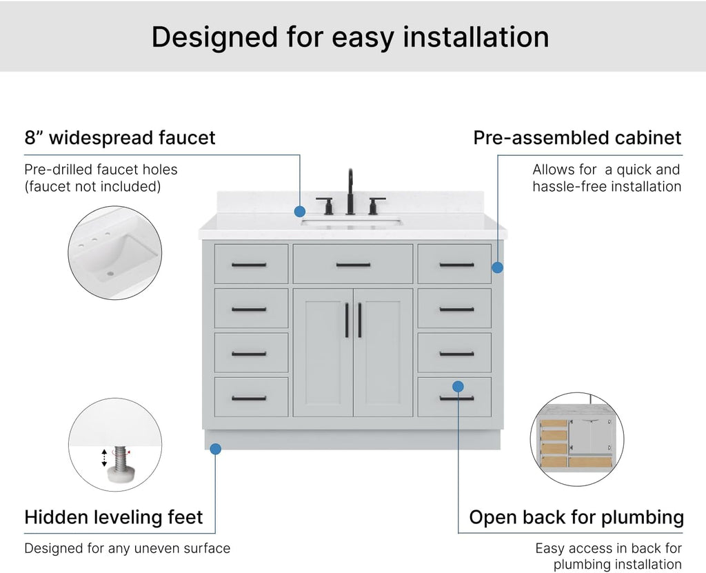 ARIEL Hepburn 48-inch Bathroom Vanity with Sink,Solid Wood, 1.5-inch Carrara White Quartz Countertop & Backsplash, Single Rectangular Porcelain Sink, 2 Soft Closing Doors, 9 Dovetail Drawers, Grey