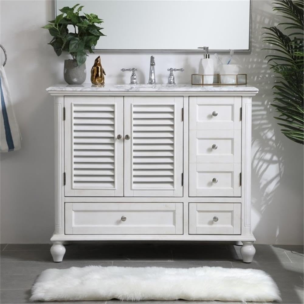Pemberly Row 42' Single Bathroom Vanity, Antique White Finish, Solid Wood and MDF Base, Carrara White Marble Top, Porcelain Undermount Sink, 2 Drawers and 3 Doors, Freestanding for Bathroom Use