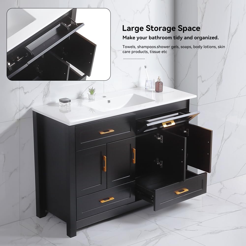 48' Bathroom Vanity with Sink, Modern Freestanding Single Sink Vanity Cabinet with Gold Handles, 2 Drawers & 4 Soft-Close Doors, Solid Wood Frame Bathroom Storage Cabinet with Ceramic Top, Black