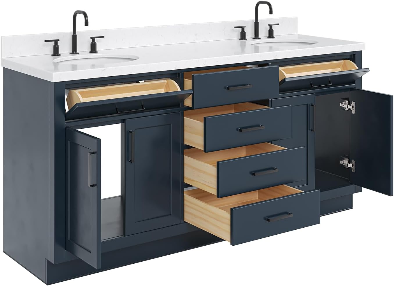 ARIEL Hepburn 72-inch Bathroom Vanity with Sink,Solid Wood, 1.5-inch Carrara White Quartz Countertop, Double Oval Porcelain Sink, 4 Soft Closing Doors, 6 Dovetail Drawers, Midnight Blue