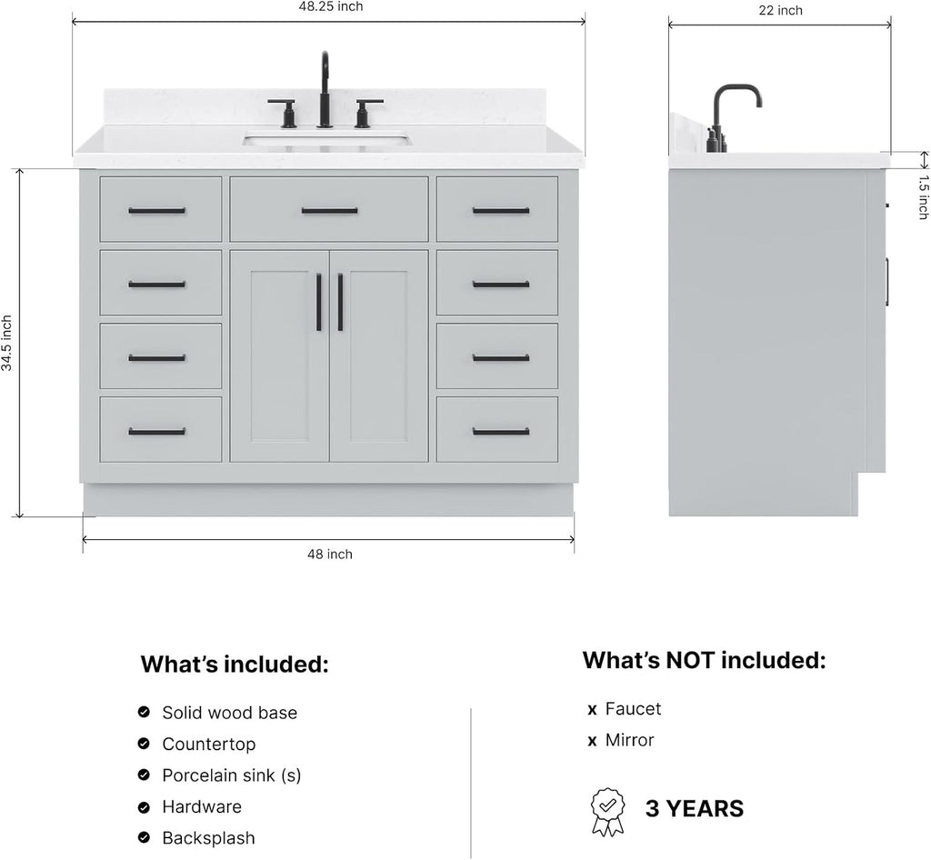 ARIEL Hepburn 48-inch Bathroom Vanity with Sink,Solid Wood, 1.5-inch Carrara White Quartz Countertop & Backsplash, Single Rectangular Porcelain Sink, 2 Soft Closing Doors, 9 Dovetail Drawers, Grey