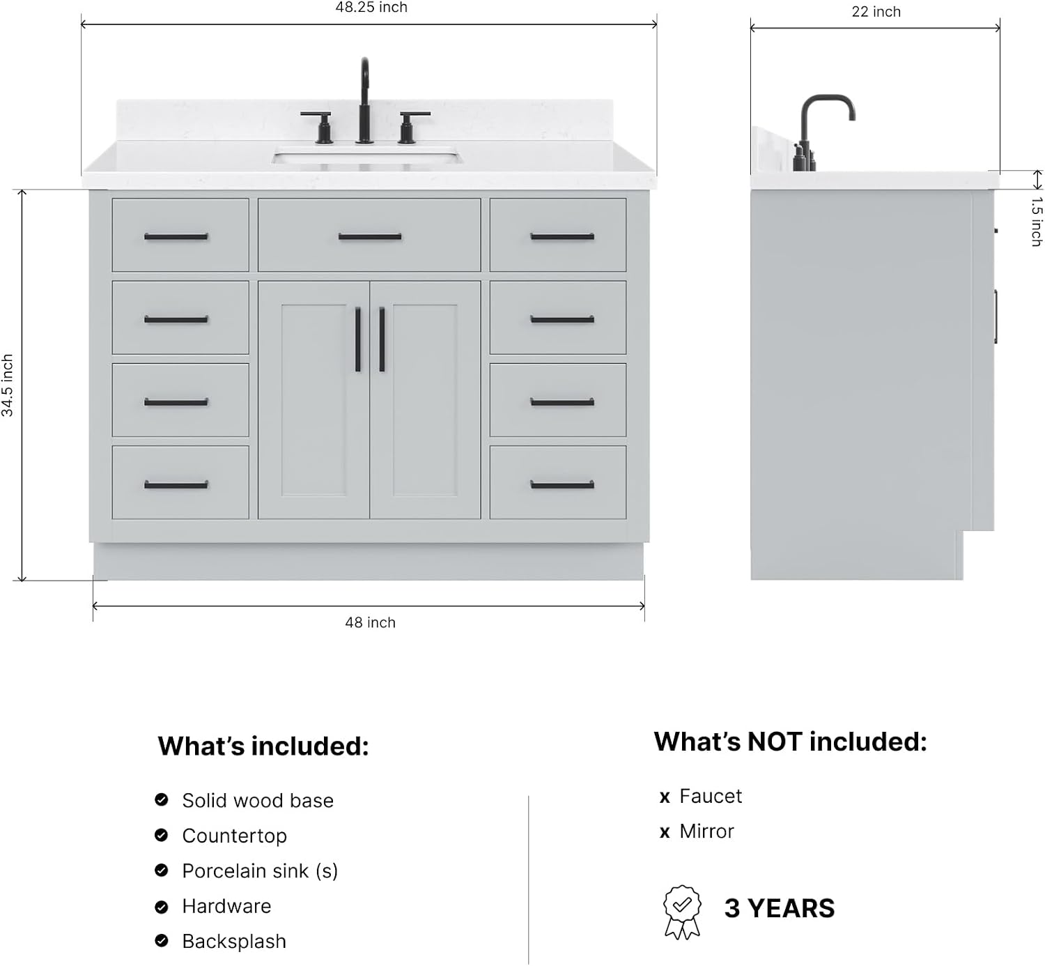 ARIEL Hepburn 48-inch Bathroom Vanity with Sink,Solid Wood, 1.5-inch Carrara White Quartz Countertop & Backsplash, Single Rectangular Porcelain Sink, 2 Soft Closing Doors, 9 Dovetail Drawers, Grey