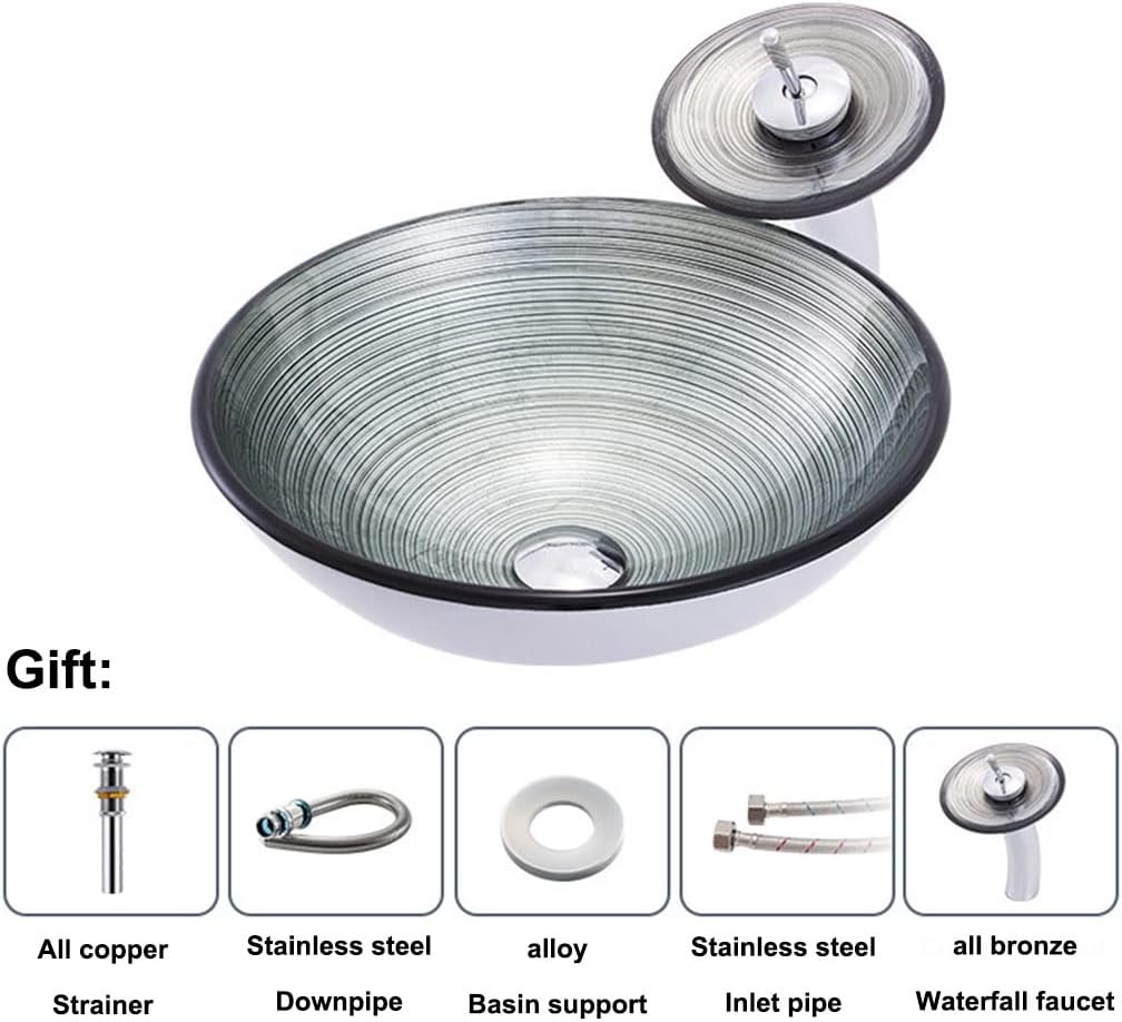 Modern Tempered Glass Vessel Bowl Sink Spiral Pattern Artistic Bathroom Vanity Sink Top Mount with Waterfall Faucet & Pop Up Drain (Color : Gray, Size : 42x42x14.5cm)