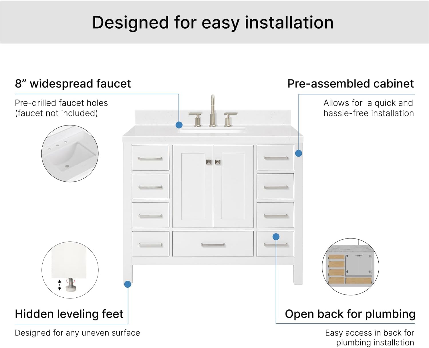 ARIEL Cambridge 42-inch Bathroom Vanity with Sink,Solid Wood, 1.5-inch Carrara White Quartz Countertop, Single Rectangular Porcelain Sink, 2 Soft Closing Doors, 9 Dovetail Drawers, White