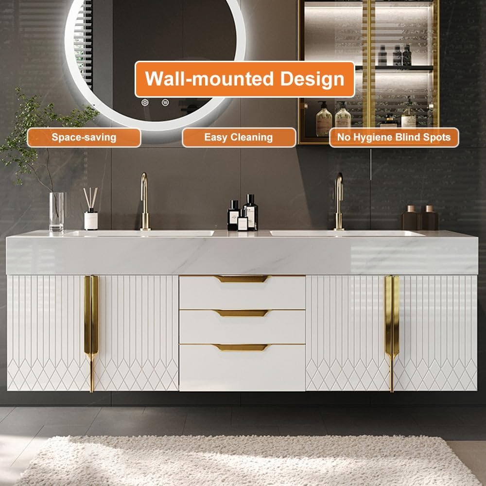 KunMai 59' White Floating Bathroom Vanity with Faux Marble Top, Double Ceramic Vessel Sinks, Wall-Mounted Design, 3 Drawers for Storage, Modern Bathroom Cabinet with Gold Hardware Finish