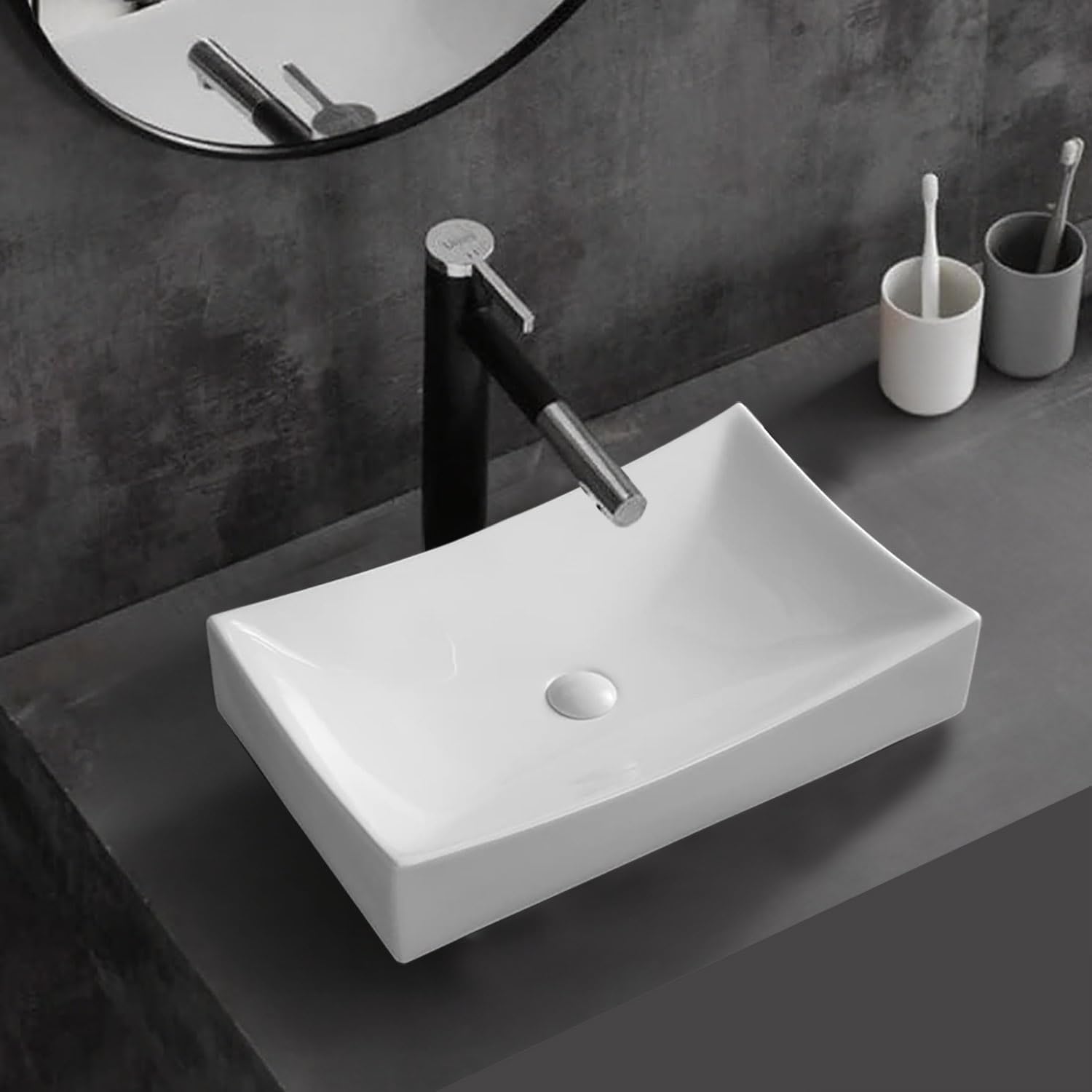 SouNor Rectangle Bathroom Vessel Sink Above Counter Square Bowl Countertop 20'x15' Inches Modern Contemporary Porcelain Big Large Ceramic Wash Lavatory Basin Rectangular Sinks White,20' (Small)