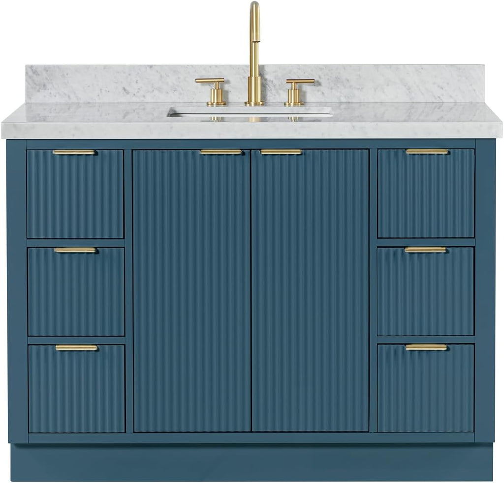 ARIEL Milan 48-inch Bathroom Vanity with Sink,Solid Wood, 1.5-inch Italian Carrara Marble Countertop, Single Rectangular Porcelain Sink, Soft Closing Doors, Dovetail Drawers, Vintage Blue