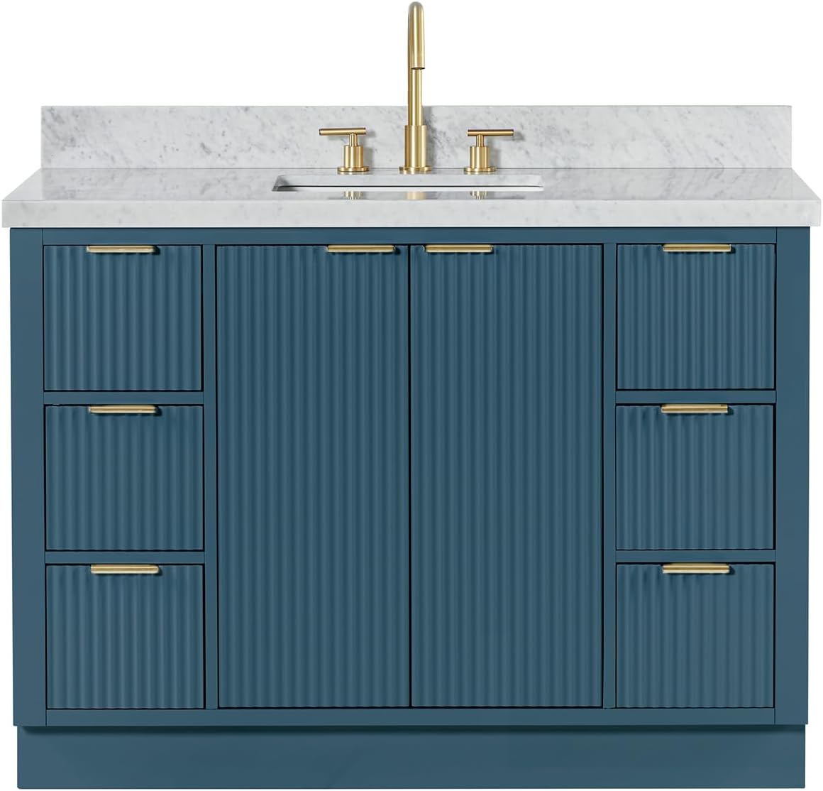 ARIEL Milan 48-inch Bathroom Vanity with Sink,Solid Wood, 1.5-inch Italian Carrara Marble Countertop, Single Rectangular Porcelain Sink, Soft Closing Doors, Dovetail Drawers, Vintage Blue