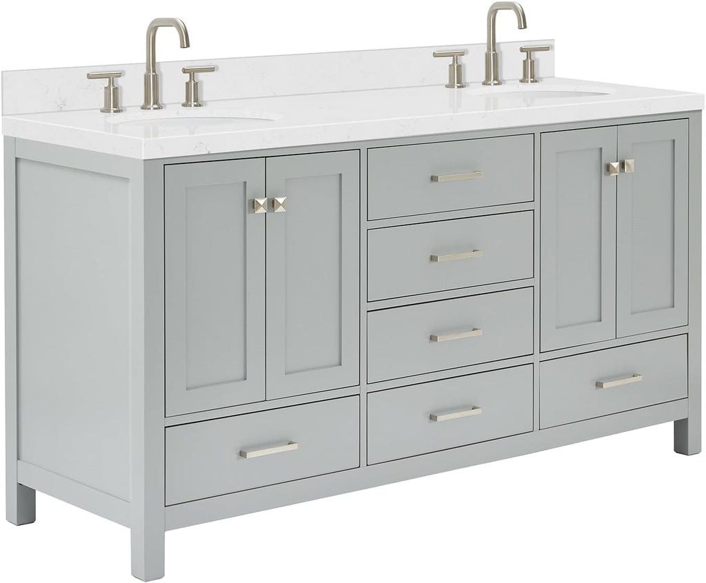 ARIEL Cambridge 66-inch Bathroom Vanity with Sink,Solid Wood, 1.5-inch Carrara White Quartz Countertop & Backsplash, Double Oval Porcelain Sink, 4 Soft Closing Doors, 6 Dovetail Drawers, Grey