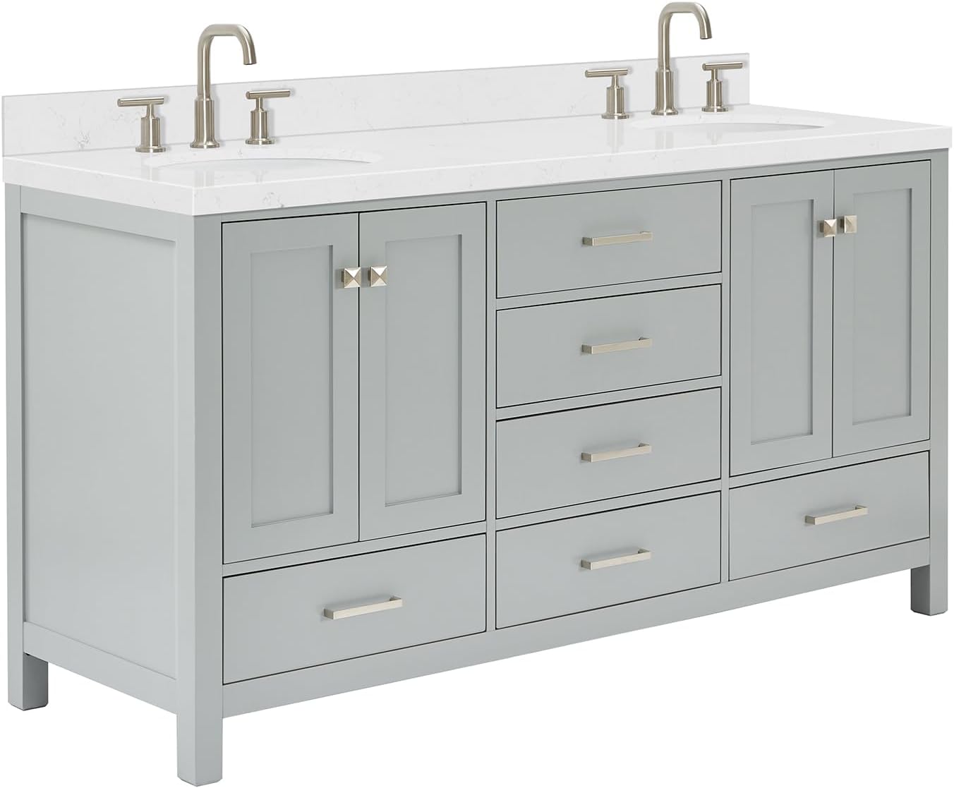 ARIEL Cambridge 66-inch Bathroom Vanity with Sink,Solid Wood, 1.5-inch Carrara White Quartz Countertop & Backsplash, Double Oval Porcelain Sink, 4 Soft Closing Doors, 6 Dovetail Drawers, Grey