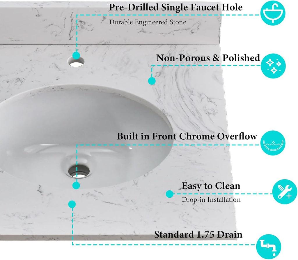 24 in. W x 22 in. D Vanity Top with Round Sink, Engineered Stone Bathroom Sink Top, Single Faucet Hole with One Backsplash Vanity Sink Top, Carrara White Vanity Top with Sink