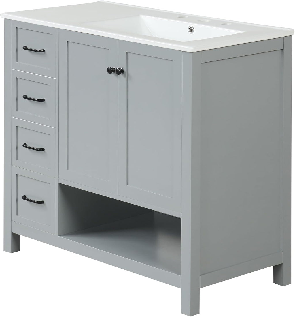 LUMISOL 36' Bathroom Vanity with Ceramic Sink, Modern Bathroom Vanities with 2 Drawers, Soft-Close Doors & Open Shelf, Solid Wood Bathroom Sink Cabinet with Offset Sink, Gray