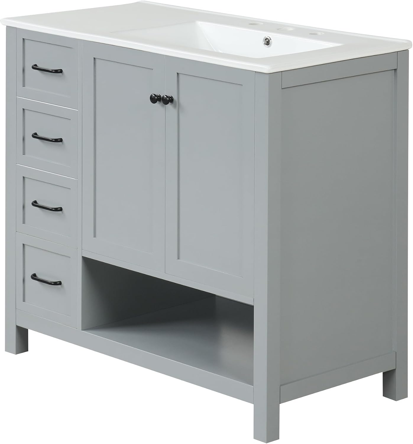 LUMISOL 36' Bathroom Vanity with Ceramic Sink, Modern Bathroom Vanities with 2 Drawers, Soft-Close Doors & Open Shelf, Solid Wood Bathroom Sink Cabinet with Offset Sink, Gray