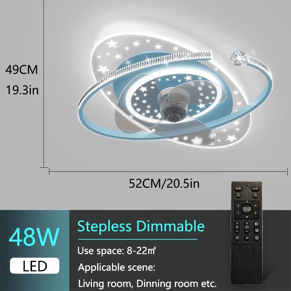 Indoor Blue Ceiling Fans with Lights Remote Dimmable 48W LED Ceiling Lights with Fan 6 Speeds Low Profile Ceiling Fan with Light for Boys Room Bedroom Kids Room