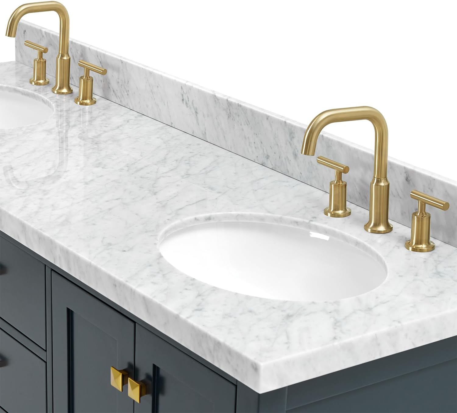 ARIEL Cambridge 66-inch Bathroom Vanity with Sink,Solid Wood, 1.5-inch Italian Carrara Marble Countertop, Double Oval Porcelain Sink, 4 Soft Closing Doors, 6 Dovetail Drawers, Midnight Blue