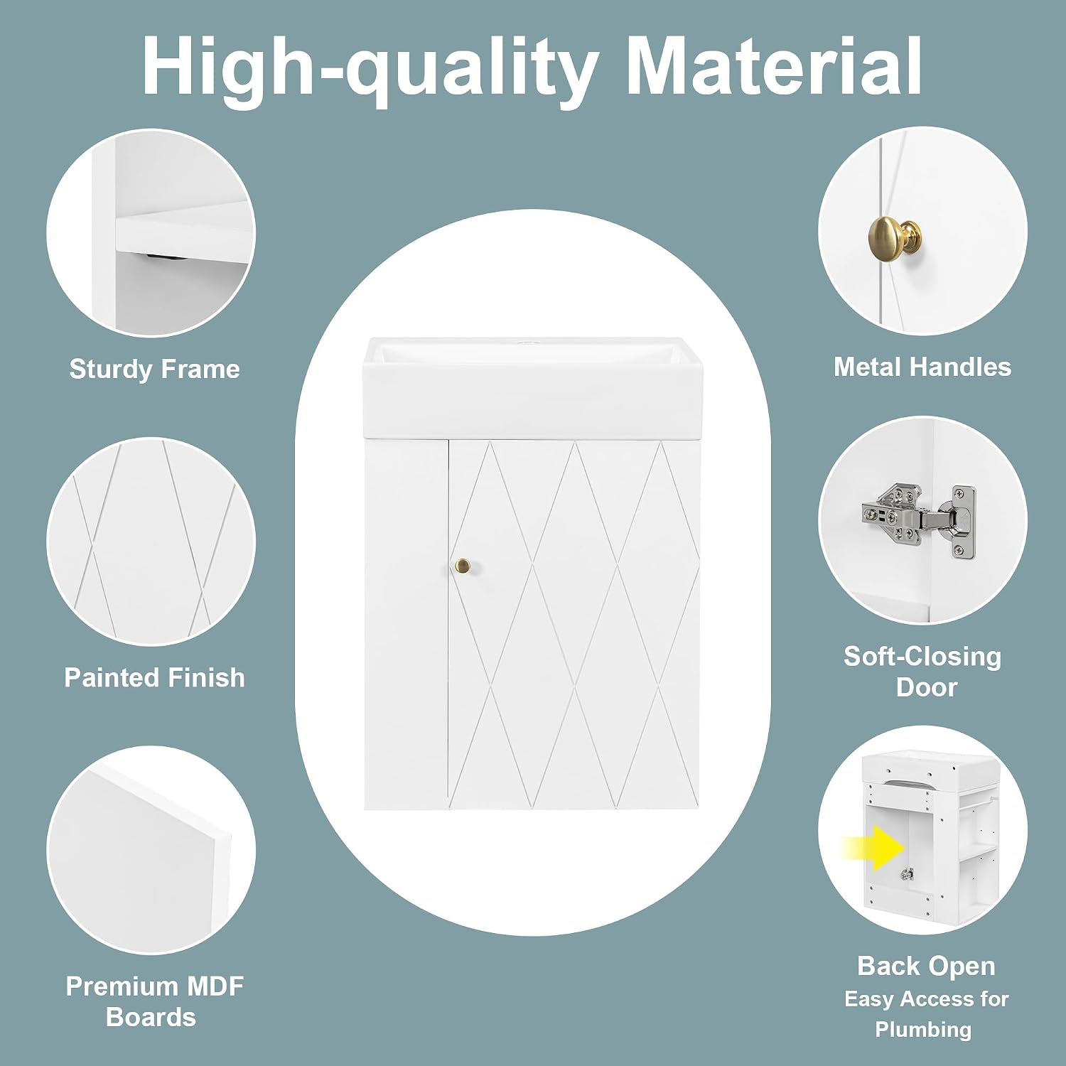 20' Floationg Wall-Mounted Bathroom Vanity with Ceramic Sink, Adjustable Shelf, Toilet Paper Holder, Modern Style, Door with Diamond Design, White