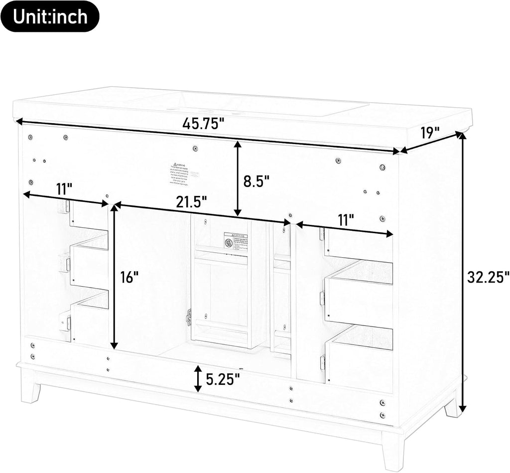48' Bathroom Vanities Cabinet with Sink Top, Soft-Closing 6 Drawers and 2 Doors, Solid Wood Frame, White